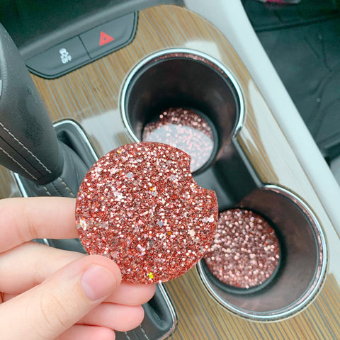 Rose Gold Glittered Car Cupholder Coasters, Car Accessories, Glittered Coaster, Car Cupholder, Two Piece Set, Gifts For Her, New Car Present