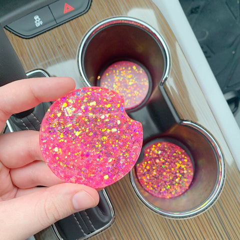 Hot Pink Glittered Car Cupholder Coasters, Car Accessories, Glittered Coaster, Car Cupholder, Two Piece Set, Gifts For Her, New Car Present