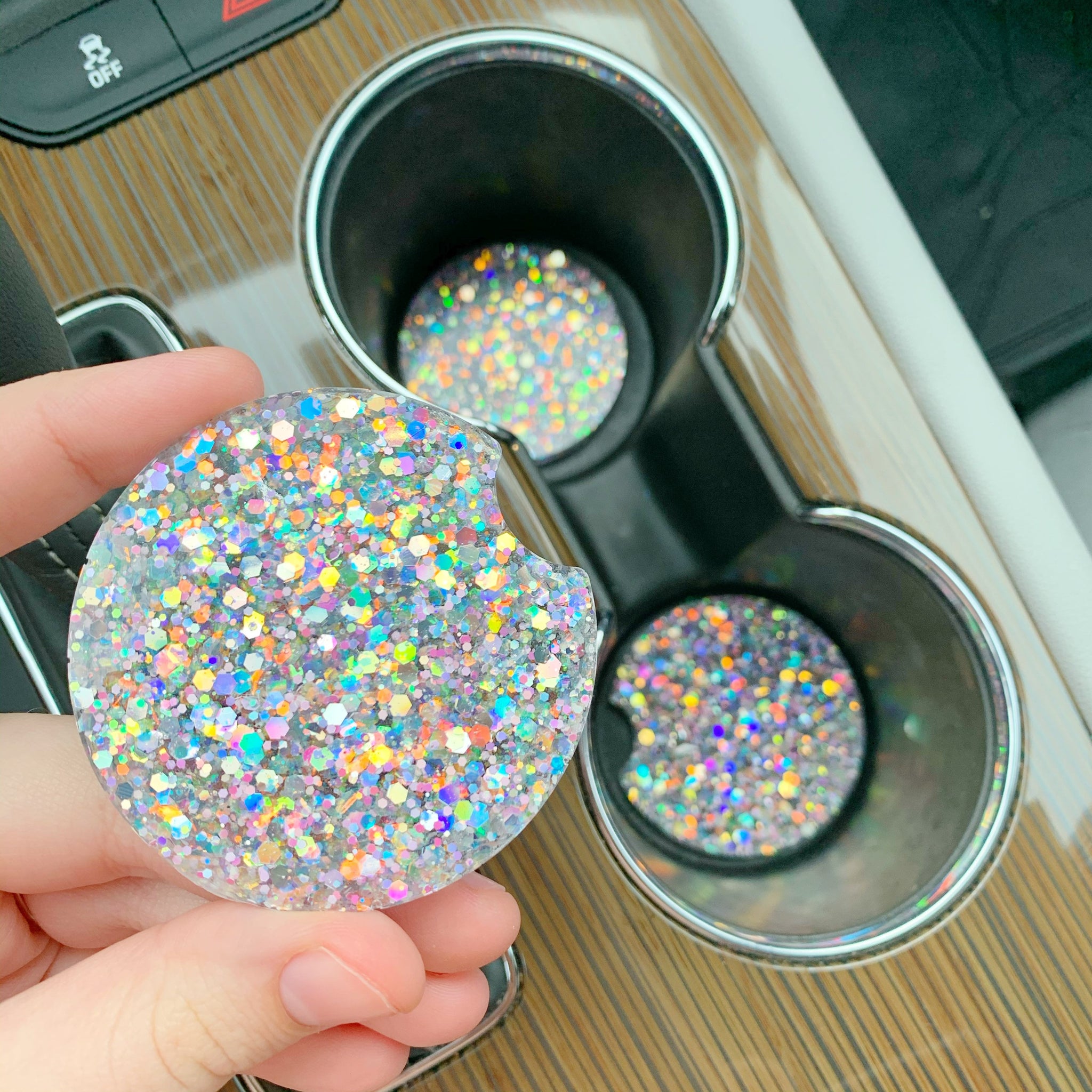 Opal Glittered Car Cupholder Coasters, Car Accessories, Glittered Coaster, Car Cupholder, Two Piece Set, Gifts For Her, New Car Present