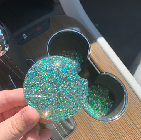Beachy Glittered Car Cupholder Coasters, Car Accessories, Glittered Coaster, Car Cupholder, Two Piece Set, Gifts For Her, New Car Present